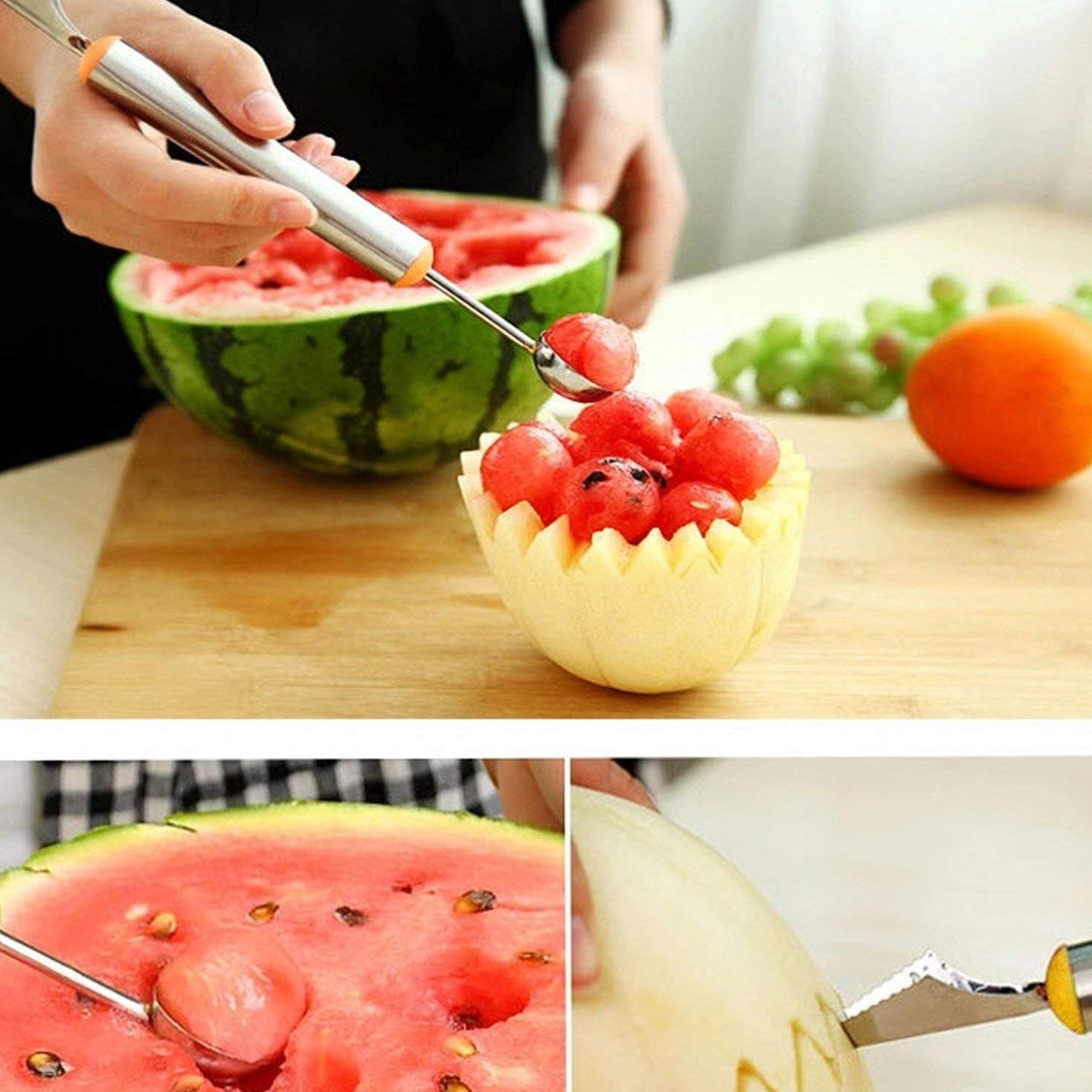 5335 Multifunctional 2 in 1 Melon Baller - Stainless Steel Dig Scoop with Fruit Carving Knife. DeoDap 5335 Multifunctional 2 in 1 Melon Baller - Stainless Steel Dig Scoop with Fruit Carving Knife. DeoDap